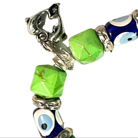 VTG Jasper, Silver Sea Glass Evil Eye Beaded Bracelet - Picture 6 of 13